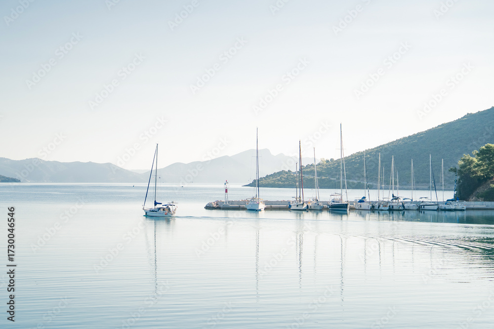 Fototapeta premium A tranquil marina scene with several sailing boats and yachts docked along a pier, captured in soft morning light