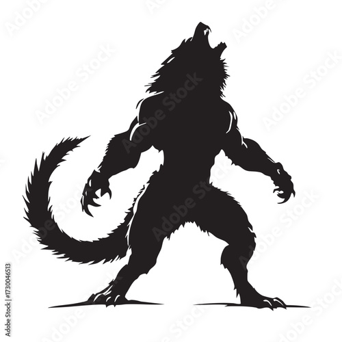 Werewolf Silhouette Vector — Black and White Illustration of Howling Creature with Claws, Tail, and Fierce Upright Stance