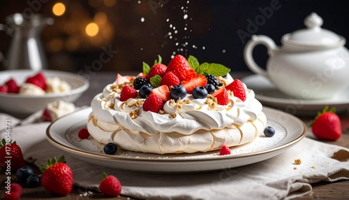 A beautifully decorated pavlova cake with fresh berries and mint leaves on a plate, ready to eat!