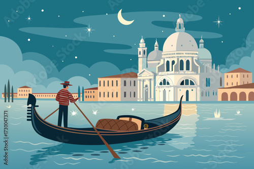 Stunning Gondola Floating Glowing Venice Canal Bold High-Quality Stock Image