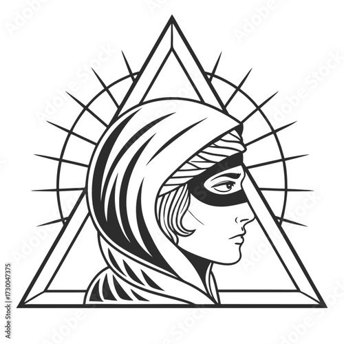 Minimilist illustration of a hooded figure with a mask inside a triangle and radiating lines behind head vector