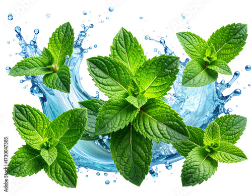Set of Fresh mint leaves immersed in dynamic clean water splash with detailed water