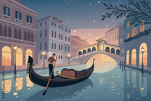 Gondola Floating Glowing Venice Canal Bold Professional Photo Ideal for Marketing
