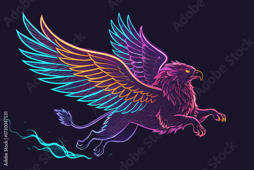 Vibrant Griffin Flying With Neon Aura Bold Fantasy Creat High-Quality Stock Image