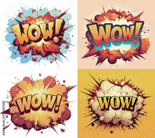 Vibrant explosion graphics feature the word Wow in different colors and styles, conveying strong emotions like excitement and surprise in a pop art format.