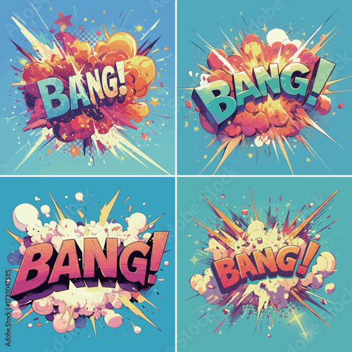 Bright and lively graphic design features the word bang in various explosive styles. Each section showcases dynamic colors and designs that add excitement.