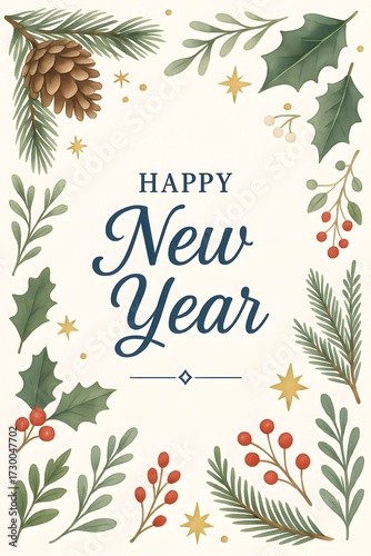 Elegant New Year greeting card with botanical elements, festive foliage, and hand-lettered typography.
