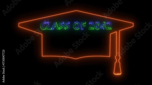 glowing icon panorama sign with student hat, as a class 2042. mortarboard hat and text  on black background. 