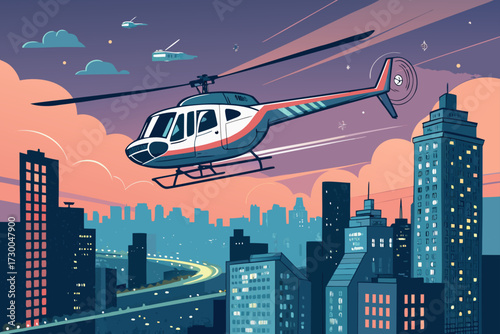 Featuring Helicopter Flying Over Glowing Cityscape Bold Crisp High-Quality Stock Image