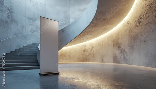 Blank Roll-Up Banner Mockup in a Modern Concrete Hall with a Curved Staircase