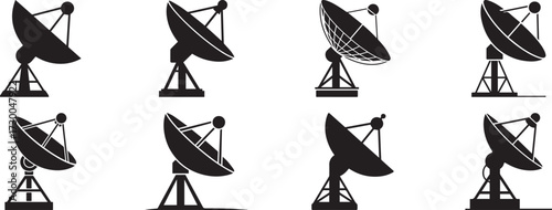 A group of Satellite Dish Antenna silhouette vector, black and white silhouette vector illustration