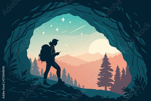 Showcasing Hiker Standing Near Glowing Cave Entrance Bold Elegant High-Quality Stock Image