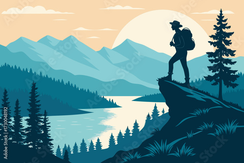 Hiker Standing Cliff Overlooking Lake Bold Creative Visual Perfect for Editorial Content