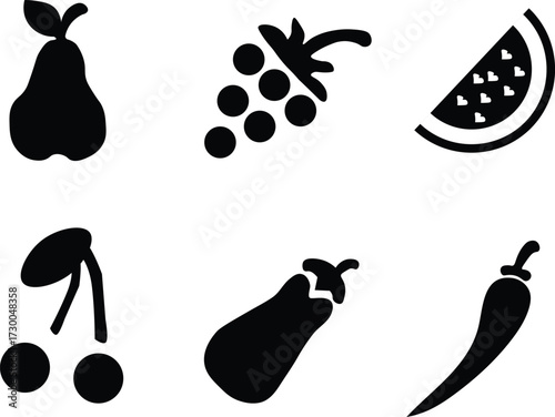 Black silhouette icons of fruits and vegetables for nutrition grocery and farm themed vector illustrations