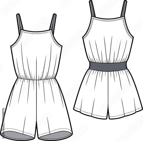 Flat vector CAD drawing of sleeveless girls romper with spaghetti straps, elastic waist, wide leg shorts, back contrast waistband