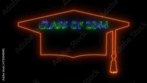 glowing icon panorama sign with student hat, as a class 2044. mortarboard hat and text  on black background. 