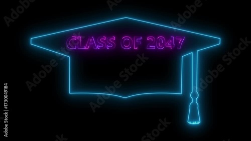 glowing icon panorama sign with student hat, as a class 2047. mortarboard hat and text  on black background. 