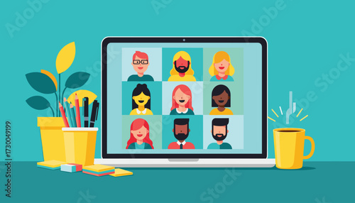 Illustration of a laptop screen displaying a video conference with nine diverse participants, surrounded by art supplies and a plant 