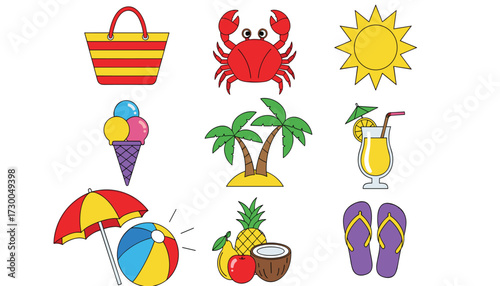 Vector art of collection of summer vacation icons including a beach bag, crab, sun, ice cream, palm trees, cocktail, beach ball, fruit, and flipflops