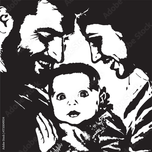 Family Bond Vector — Black and White Illustration of Two Adults Holding Baby with Smiles and Emotional Connection