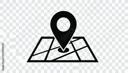Vector art of black map pin icon on a transparent background, representing a location or destination marker
