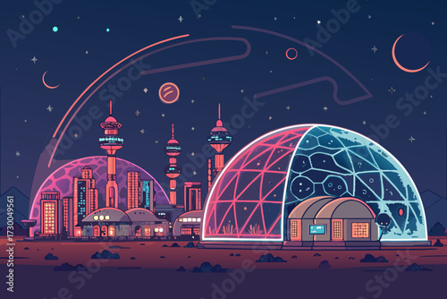 Stunning Mars Colony Glowing Under Neon Domes Bold Space Creative Visual