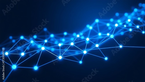 Abstract digital network visualization with glowing blue nodes and flowing connections on dark background.