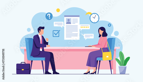 Vector art of two people sitting at a desk for a job interview, with a resume displayed on a screen behind them, symbolizing employment and career