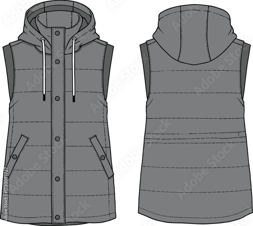 Flat vector CAD drawing of sleeveless padded hooded vest, front and back technical sketch for fashion design and apparel illustration