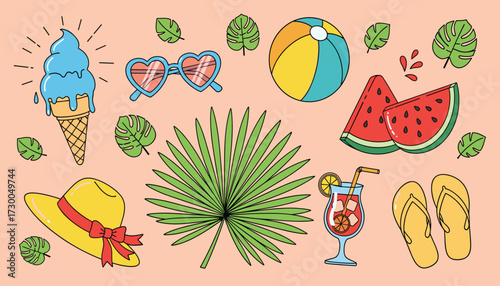 Vector art of a vibrant collection of summer icons including an ice cream cone, sunglasses, beach ball, watermelon slices, flipflops, a hat, and a refreshing drink