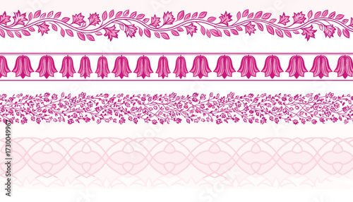 Vector art of collection of five decorative pink floral and ornamental borders 