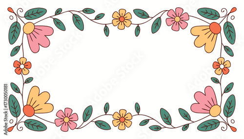 Vector art of decorative floral border with colorful flowers and green leaves