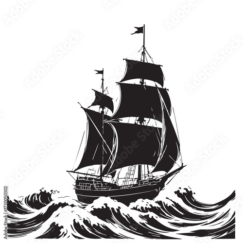 Historic Sailing Ship Vector — Black and White Illustration with Billowing Sails and Stylized Ocean Waves in Nautical Adventure Theme
