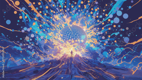 A lone figure stands amid a colorful cosmic explosion, surrounded by swirling patterns and bright orbs. The scene captures a surreal night landscape full of energy.