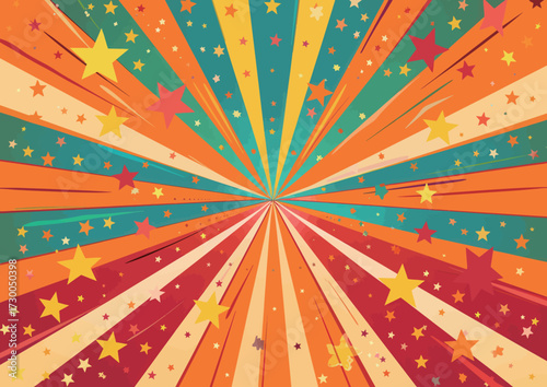 Vibrant starburst pattern creates a sense of excitement with rays in orange, yellow, teal, and red. Small stars add a playful and festive atmosphere to the artwork.