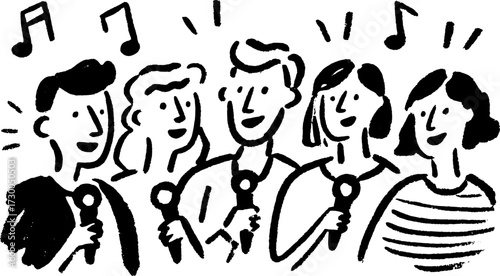 Group of singers performing with microphones in a simple black and white vector illustration. The artwork showcases artistic expression and creativity.