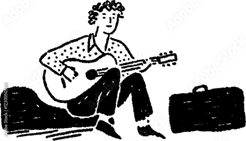 Musician playing guitar in a simple black and white vector illustration. This charming drawing captures the essence of a musical performance.