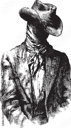 Cowboy bandit with hat, mask, and scarf in detailed black and white engraving style. Vintage western vector illustration.