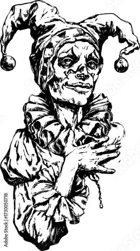 Clown character with jester hat and mask in black and white. A vintage vector illustration showcasing theatrical expression and gesture.