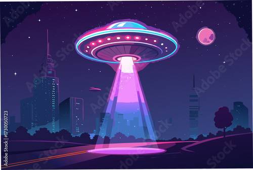 Neon Ufo Hovering With Glowing Beam Bold Sci Premium Digital Asset Perfect for Editorial Content