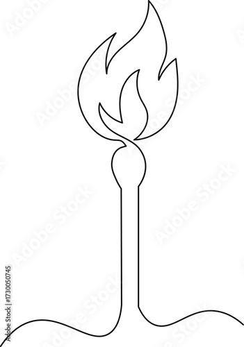 Modern single line drawing of matchstick with burning flame for graphic design