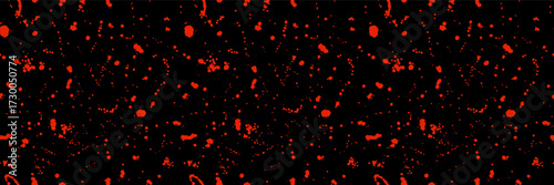 Red blood splatter sprinkle seamless pattern. Ink drops and dots on black background. Vector Halloween horror backdrop. Endless dribble drizzle texture. Wrapping paper, fabric design, textile pattern