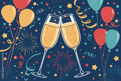Vibrant New Year Champagne Glasses Clinking Bold High-Quality Stock Image