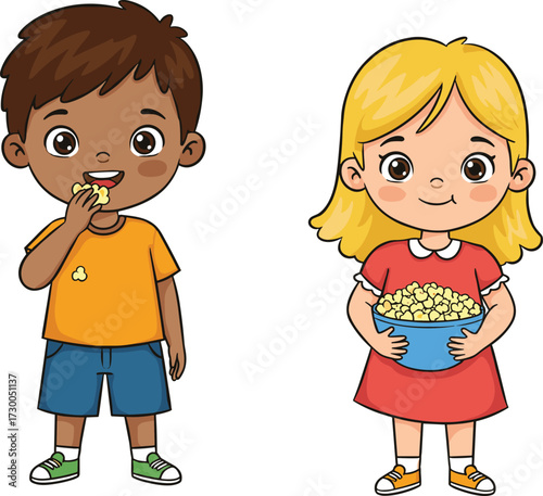 Happy boy eating popcorn and smiling girl holding big bowl of popcorn cartoon illustration for kids snack time vector design