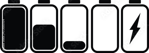 Electric power battery vector energy level and charging icon set representing modern device battery indicators and renewable energy
