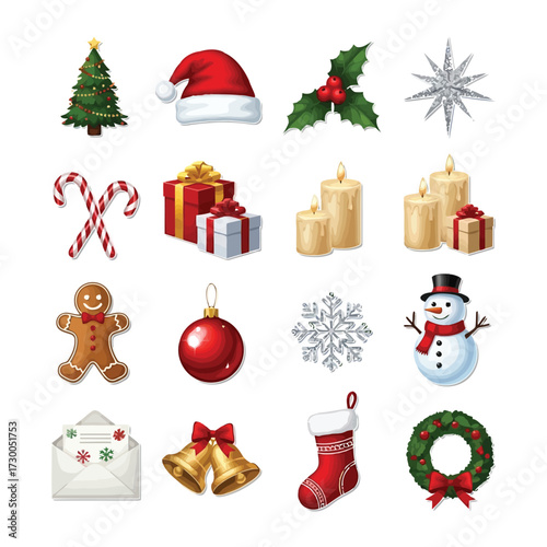 Vector illustration of vector art of collection of sixteen christmas icons for holiday decoration and celebration in cartoon vector style
