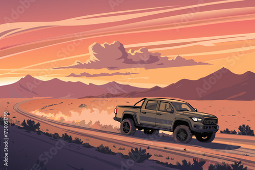 Pickup Truck Driving Desert Sunset Bold Vecto Creative Visual Great for Commercial Projects