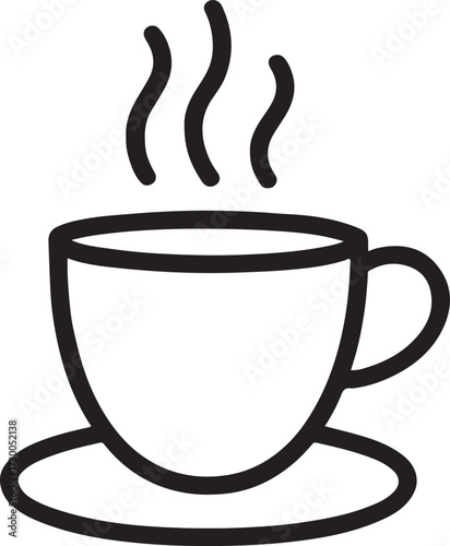 Simple line drawing of a steaming hot coffee cup and saucer for your design needs