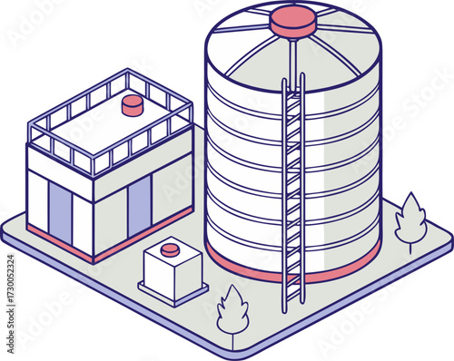 Residential water tank in PVC and stainless steel, isometric house utility element, isolated vector illustration.
