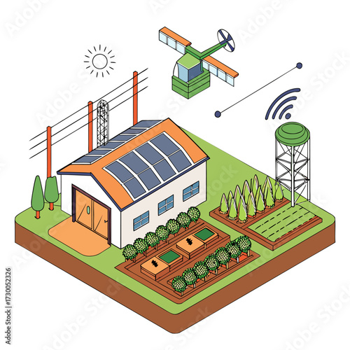 3D isometric illustration of agricultural IoT system with solar panel, automated water pump, and drone farming equipment.